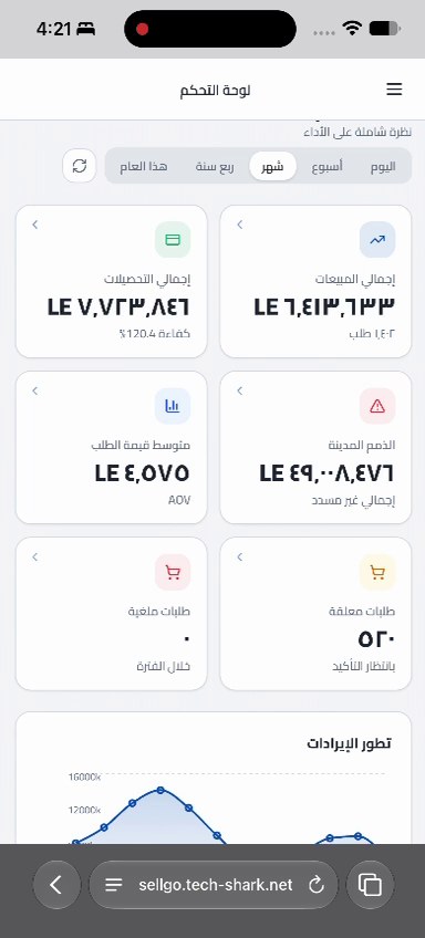 لوحة تحكم المدير في تطبيق مبيعات المناديب SellGo